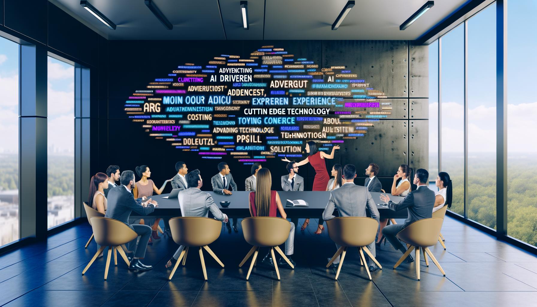 Werbeagentur präsentiert voller Hightech-Jargon vor skeptischen Kunden in modernem Büro