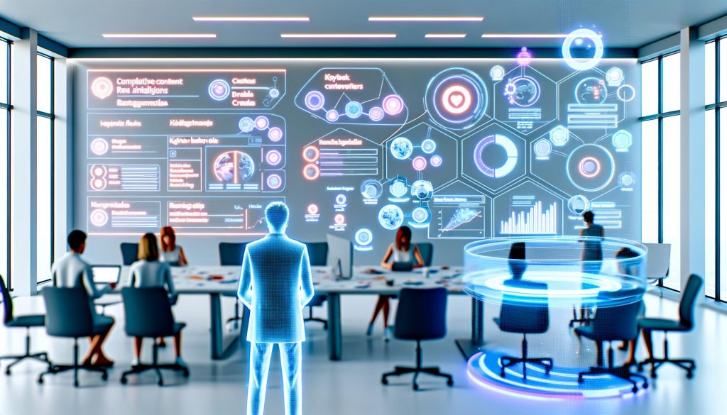 Futuristisches Büro mit Marketer, der ein holografisches Dashboard betrachtet, im Hintergrund Teammitglieder an Tablets und klassische Notizzettel, digital-minimalistischer Stil mit modernen Datenvisualisierungen.