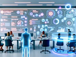 Futuristisches Büro mit Marketer, der ein holografisches Dashboard betrachtet, im Hintergrund Teammitglieder an Tablets und klassische Notizzettel, digital-minimalistischer Stil mit modernen Datenvisualisierungen.