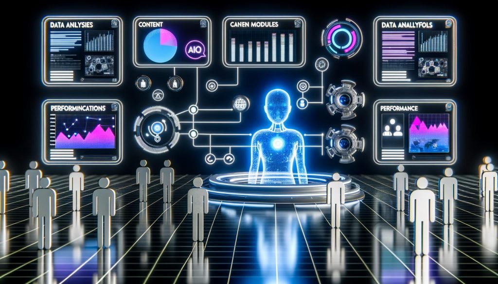 Illustration einer futuristischen Marketing-Kontrollzentrale mit holografischem KI-Agenten, digitalen Schnittstellen, Monitoren voller Datenanalysen und menschlichen Supervisoren im Hintergrund.
