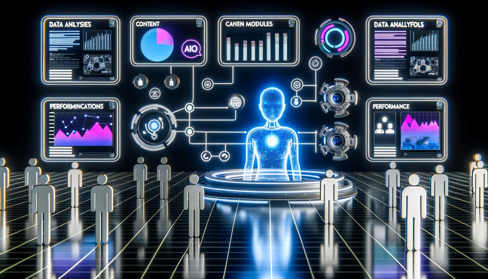 Illustration einer futuristischen Marketing-Kontrollzentrale mit holografischem KI-Agenten, digitalen Schnittstellen, Monitoren voller Datenanalysen und menschlichen Supervisoren im Hintergrund.