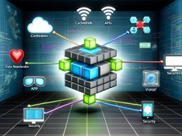 Abstrakte Darstellung eines modernen Headless CMS mit zentralem Datenwürfel, APIs, Backend- und Frontend-Integrationen, umgeben von Tech-Büro, Cloud-Symbolen und Codezeilen in Blau- und Grüntönen.