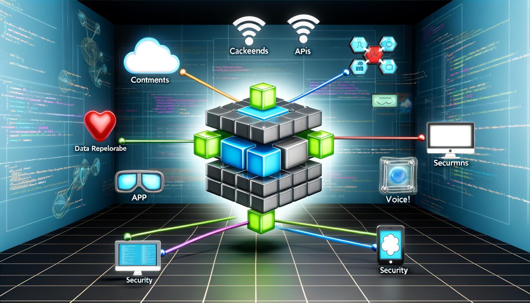 Abstrakte Darstellung eines modernen Headless CMS mit zentralem Datenwürfel, APIs, Backend- und Frontend-Integrationen, umgeben von Tech-Büro, Cloud-Symbolen und Codezeilen in Blau- und Grüntönen.