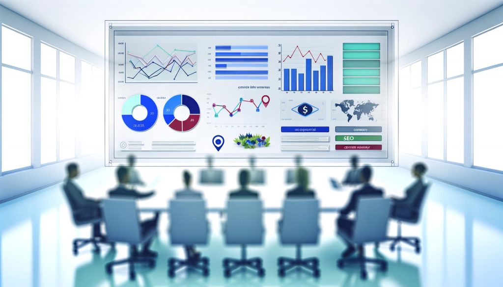 Minimalistisches Analytics Dashboard mit großen, farbcodierten Diagrammen und KPIs, interaktiven Filtern, Kommentarfeldern und transparenten Datenströmen verschiedener Datenquellen. Im Hintergrund ein moderner Konferenzraum mit fokussierten Personen.
