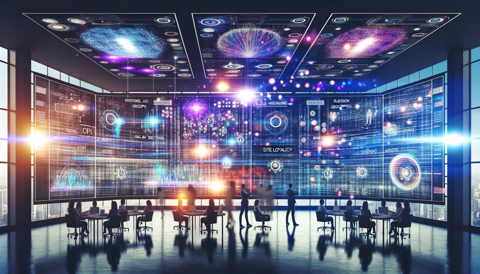 Futuristisches Büro mit Marketingexperten, die bunte digitale Dashboards mit Datenströmen und KI-Clustern analysieren