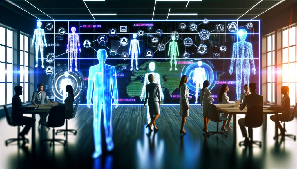 Modernes Büro mit digitalen Hologrammen, KI-Agenten und Marketing-Experten vor großen Bildschirmen mit datenbasierten Animationen
