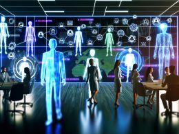 Modernes Büro mit digitalen Hologrammen, KI-Agenten und Marketing-Experten vor großen Bildschirmen mit datenbasierten Animationen