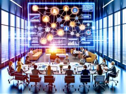 Marketing-Team und Datenanalysten diskutieren um einen Tisch mit Laptops vor einem digitalen Netzwerkdiagramm, das ein Analytics Datenmodell mit Knoten wie User, Session, Event, Product und Campaign darstellt.