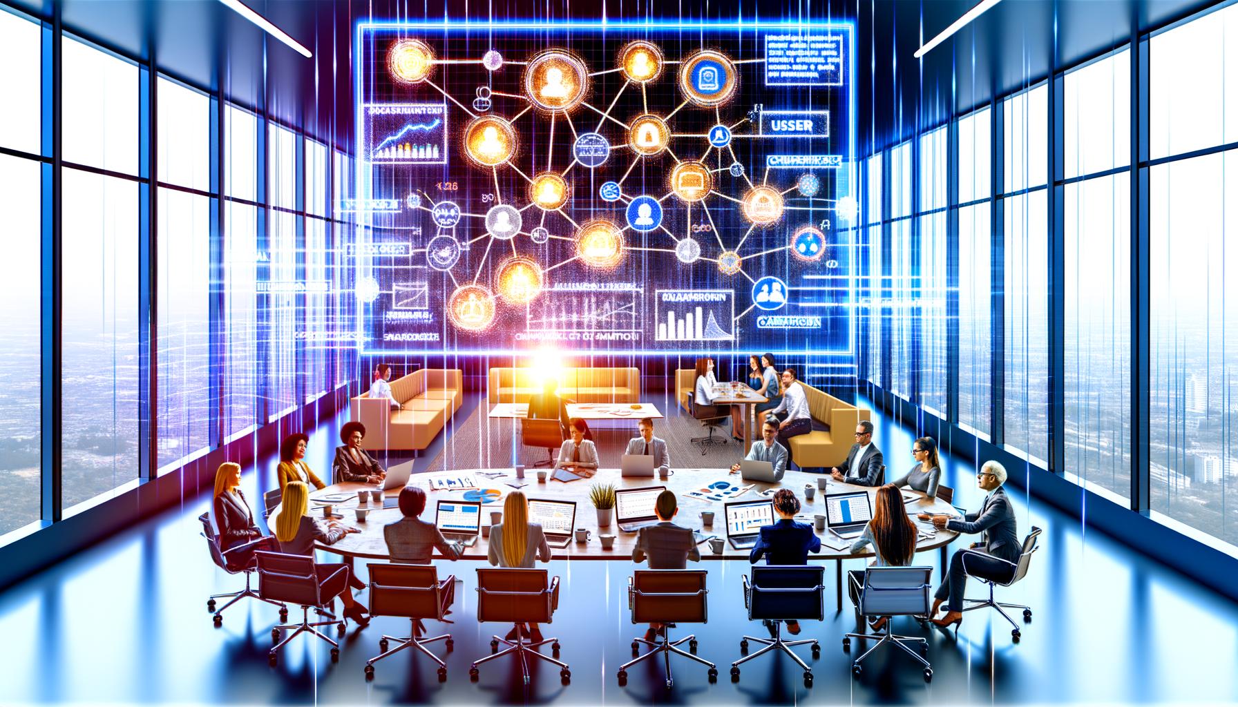 Marketing-Team und Datenanalysten diskutieren um einen Tisch mit Laptops vor einem digitalen Netzwerkdiagramm, das ein Analytics Datenmodell mit Knoten wie User, Session, Event, Product und Campaign darstellt.