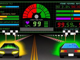 Moderne digitale Illustration: Zwei Rennwagen symbolisieren unterschiedliche Website-Geschwindigkeiten vor einem großen PageSpeed Insights Dashboard mit Core Web Vitals Symbolen und Wettkampfstimmung.