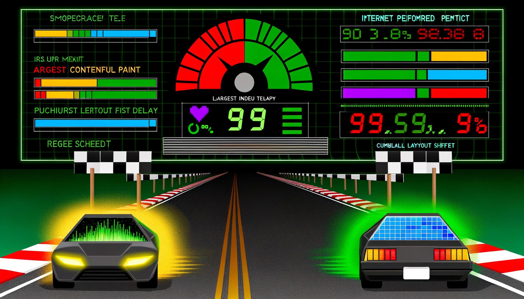 Moderne digitale Illustration: Zwei Rennwagen symbolisieren unterschiedliche Website-Geschwindigkeiten vor einem großen PageSpeed Insights Dashboard mit Core Web Vitals Symbolen und Wettkampfstimmung.