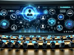 Futuristisches Kontrollzentrum mit holographischen Datenströmen, die zwischen Symbolen für Telefon, E-Mail, Chat, soziale Medien und Bots fließen. Geschäftsleute und KI-Avatare arbeiten gemeinsam an einem modernen Dashboard mit steigenden Effizienzdiagrammen.