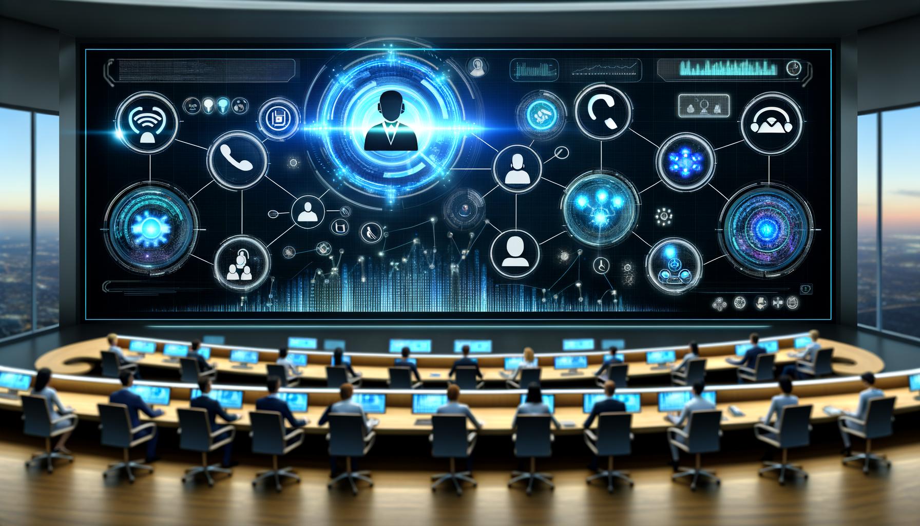 Futuristisches Kontrollzentrum mit holographischen Datenströmen, die zwischen Symbolen für Telefon, E-Mail, Chat, soziale Medien und Bots fließen. Geschäftsleute und KI-Avatare arbeiten gemeinsam an einem modernen Dashboard mit steigenden Effizienzdiagrammen.