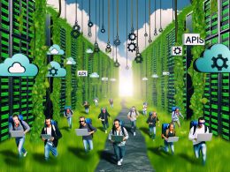 Digitale Nomaden bahnen sich in einem stilisierten Urwald aus Server-Racks, CMS-Icons und APIs zwischen Werbeplakaten mit übertriebenen Versprechen einen Weg zu einem futuristischen Server-Komplex.