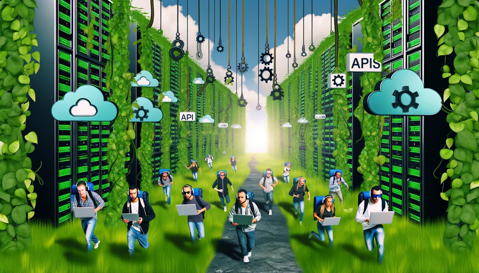 Digitale Nomaden bahnen sich in einem stilisierten Urwald aus Server-Racks, CMS-Icons und APIs zwischen Werbeplakaten mit übertriebenen Versprechen einen Weg zu einem futuristischen Server-Komplex.