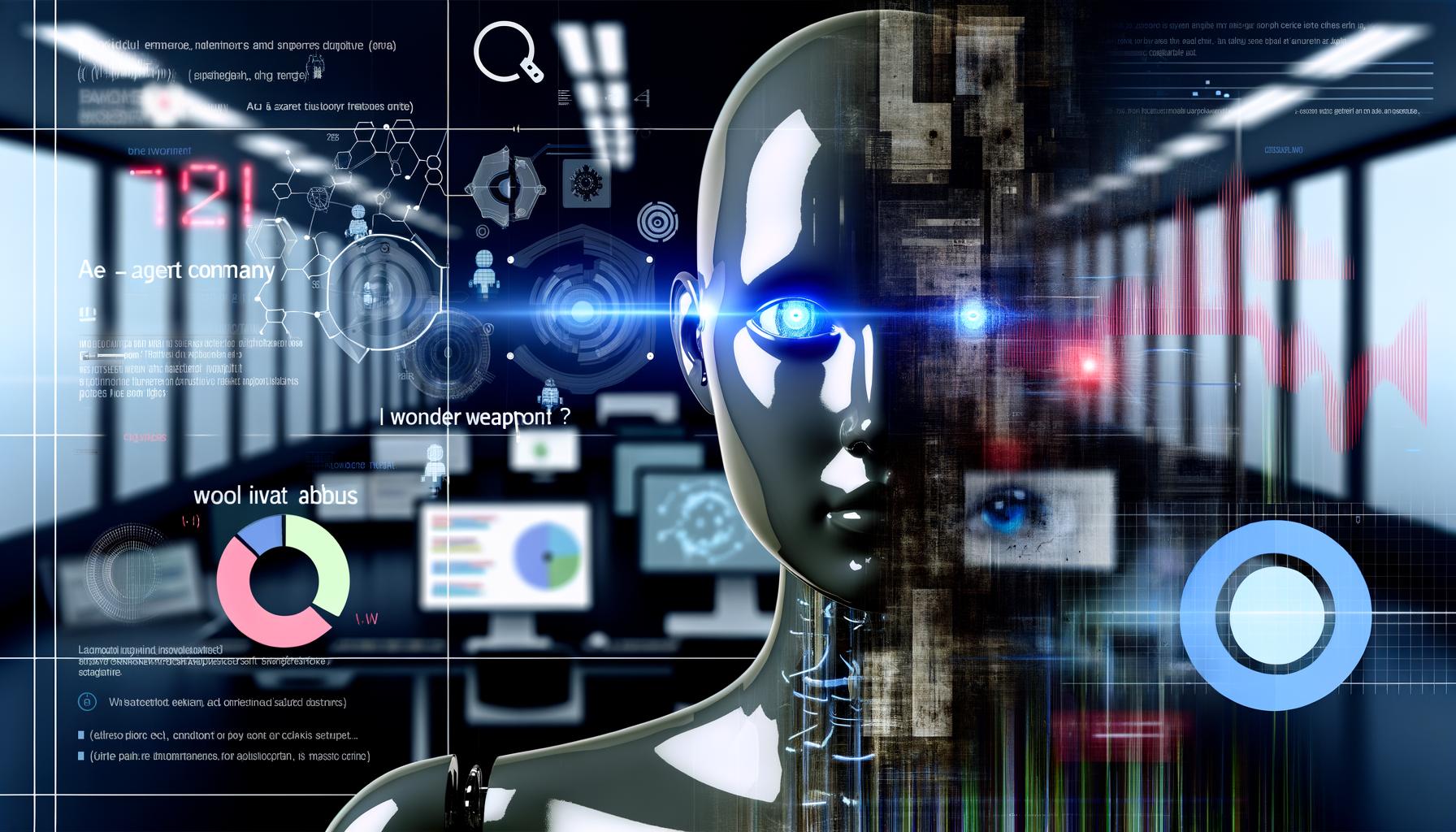 Nahaufnahme eines digitalen, halb transparenten KI-Agenten im Labor mit Datenströmen, Fehleranzeigen, Heatmap und zerbrochenem Werbeplakat mit Aufschrift „AI-Agent Wunderwaffe?“