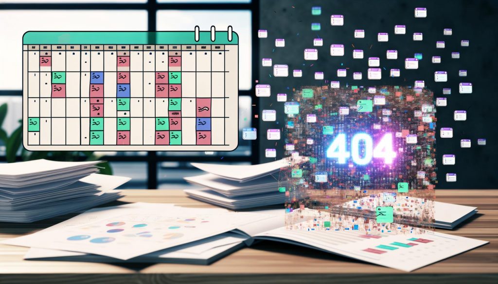 Überladener Papierkalender neben digitalem Bildschirm mit KI-Kalender-App in moderner Büroszene, kontrastiert durch bunte Datenströme und GPT-Icons