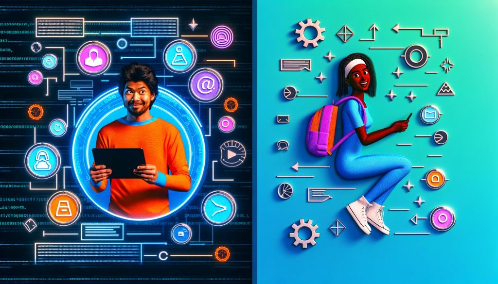 Stilisierter Webentwickler vor technischen Symbolen und entspannte Nutzerin am Smartphone, verbunden durch Zahnräder und UX-Icons in leuchtenden Neonfarben.