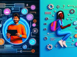Stilisierter Webentwickler vor technischen Symbolen und entspannte Nutzerin am Smartphone, verbunden durch Zahnräder und UX-Icons in leuchtenden Neonfarben.