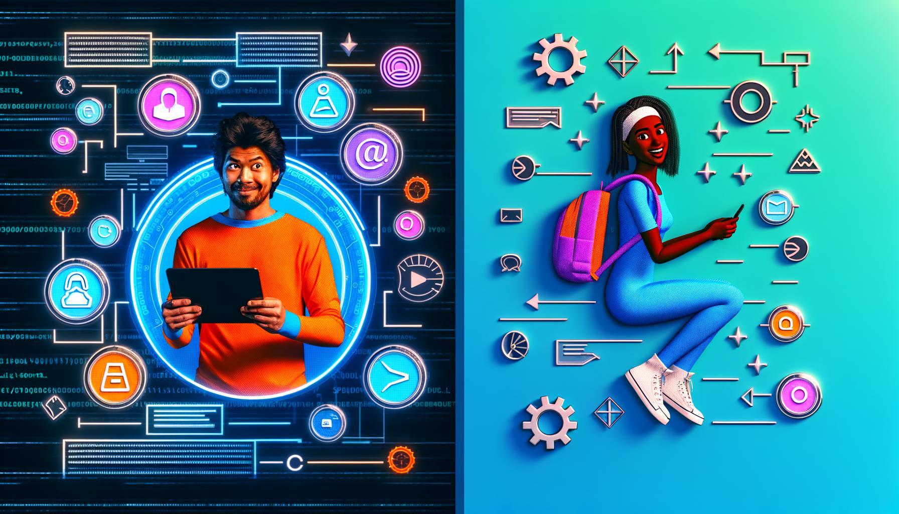 Stilisierter Webentwickler vor technischen Symbolen und entspannte Nutzerin am Smartphone, verbunden durch Zahnräder und UX-Icons in leuchtenden Neonfarben.
