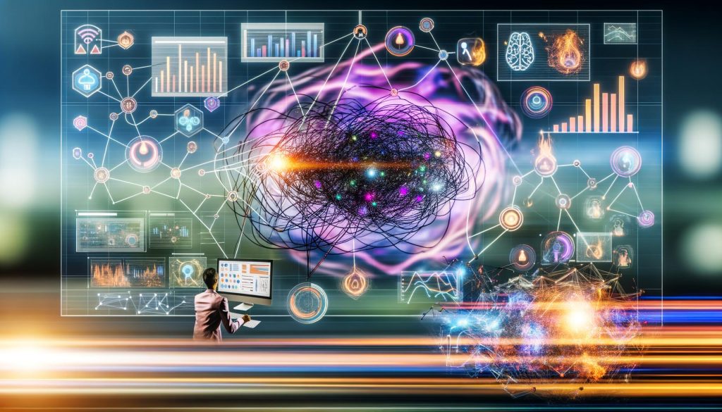 Futuristische Illustration eines digitalen Marketing-Teams vor riesigen, bunten Datenvisualisierungen mit neuronalen Netzwerken, Heatmaps und interaktiven Sequenz-Flows; ein Data Scientist analysiert Datenpunkte neben modernen Devices und KI-Symbolen.