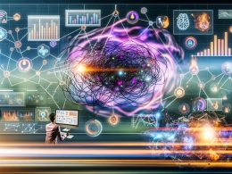 Futuristische Illustration eines digitalen Marketing-Teams vor riesigen, bunten Datenvisualisierungen mit neuronalen Netzwerken, Heatmaps und interaktiven Sequenz-Flows; ein Data Scientist analysiert Datenpunkte neben modernen Devices und KI-Symbolen.