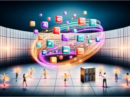 Futuristisches Marketing-Kontrollzentrum mit verbundenen digitalen Kanälen, Marketers im Vordergrund und ausrangiertem CMS-Server