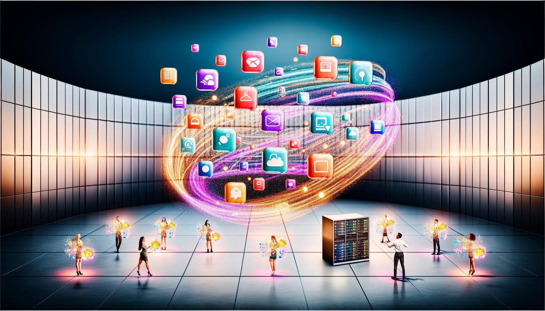 Futuristisches Marketing-Kontrollzentrum mit verbundenen digitalen Kanälen, Marketers im Vordergrund und ausrangiertem CMS-Server