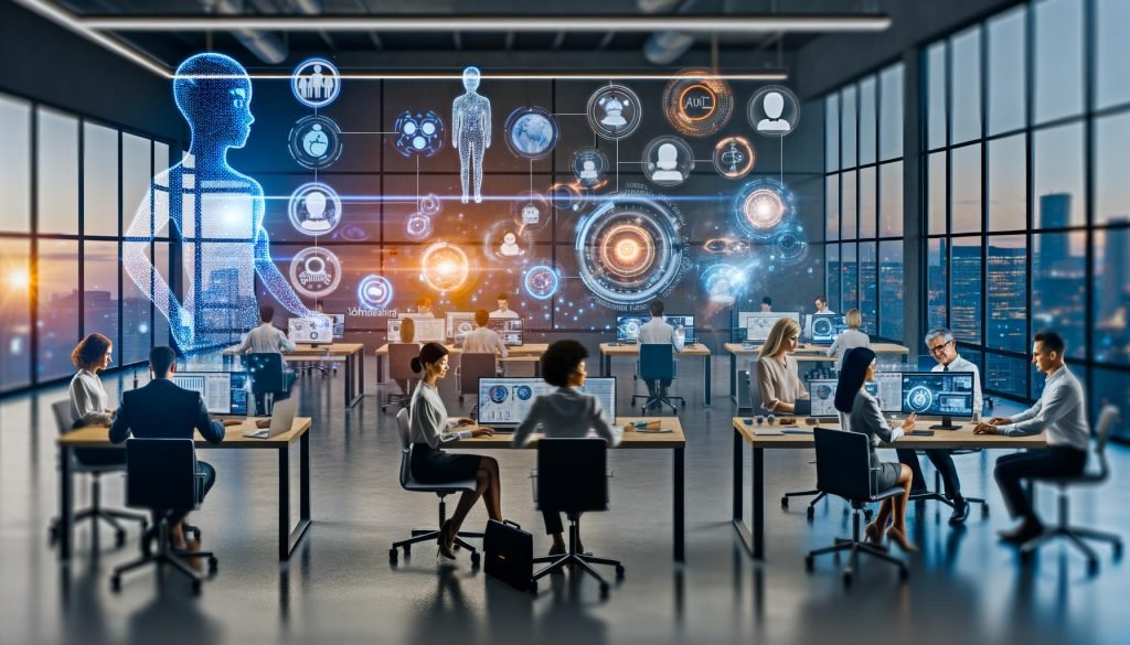 Helles, modernes Büro mit Marketingteam an Laptops, umgeben von holographischen KI-Agenten, Datenströmen, Diagrammen und Social-Media-Analysen