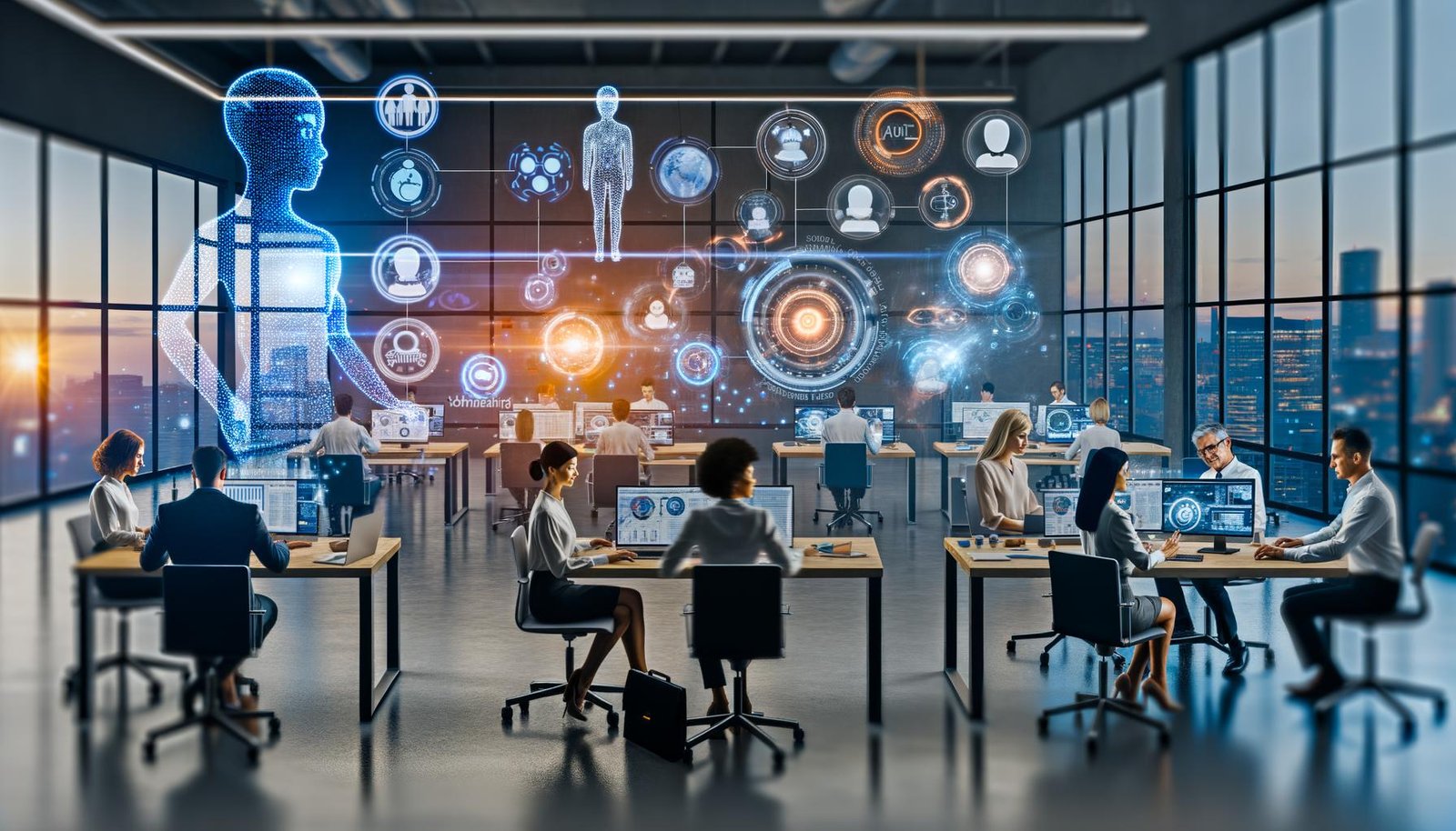 Helles, modernes Büro mit Marketingteam an Laptops, umgeben von holographischen KI-Agenten, Datenströmen, Diagrammen und Social-Media-Analysen