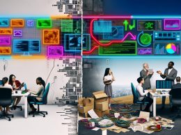 Illustration eines modernen Büros: eine Seite digital, futuristisch und effizient, die andere veraltet, chaotisch und frustriert – getrennt durch ein 'Tech Manifest'-Neonschild.