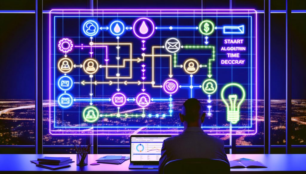 Collage: Marketer analysiert nachts am Schreibtisch komplexe Funnels, Infografik zu Attributionsmodellen, Tech-Dashboard mit Datenschutzsymbolen, Minenfeld voller Marketing-Hürden und eine KI-gestützte Zukunftsvision. Abschließend siegt ein Marketer mit faktenbasierter Strategie über die Konkurrenz.