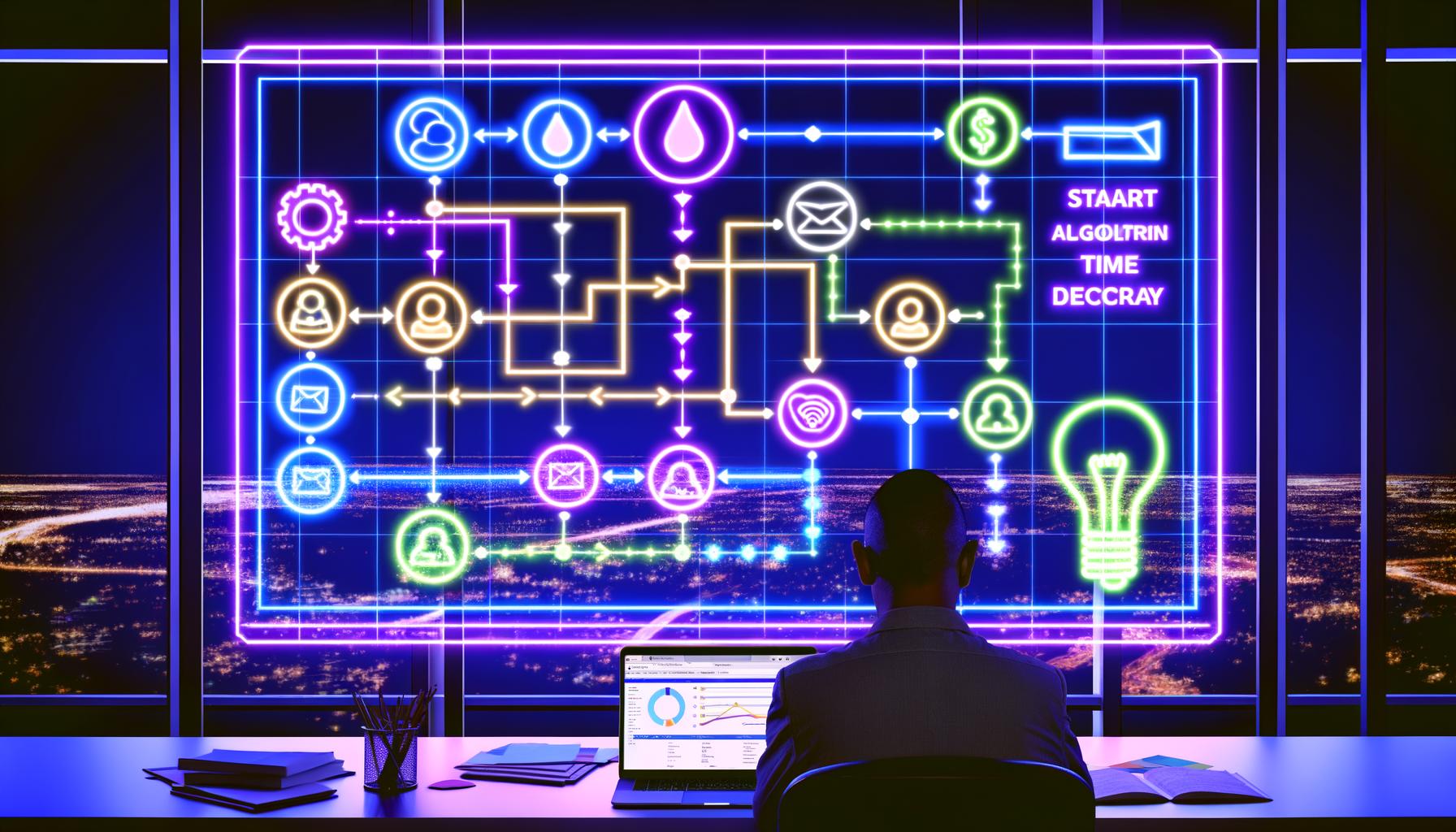 Collage: Marketer analysiert nachts am Schreibtisch komplexe Funnels, Infografik zu Attributionsmodellen, Tech-Dashboard mit Datenschutzsymbolen, Minenfeld voller Marketing-Hürden und eine KI-gestützte Zukunftsvision. Abschließend siegt ein Marketer mit faktenbasierter Strategie über die Konkurrenz.