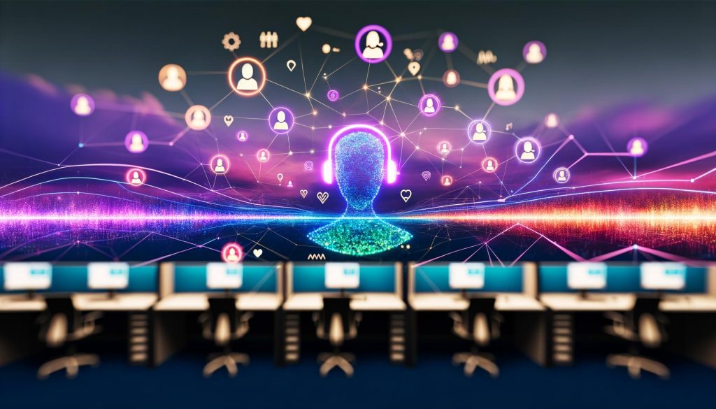 Hypermodernes Contact Center mit futuristischen Arbeitsplätzen, digitalen Dashboards und abstrakten Agenten- und Kunden-Silhouetten, zwischen denen Datenströme durch KI-Elemente, Analyse-Knoten und emotionale sowie verhaltensbasierte Icons visualisiert werden.