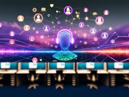Hypermodernes Contact Center mit futuristischen Arbeitsplätzen, digitalen Dashboards und abstrakten Agenten- und Kunden-Silhouetten, zwischen denen Datenströme durch KI-Elemente, Analyse-Knoten und emotionale sowie verhaltensbasierte Icons visualisiert werden.