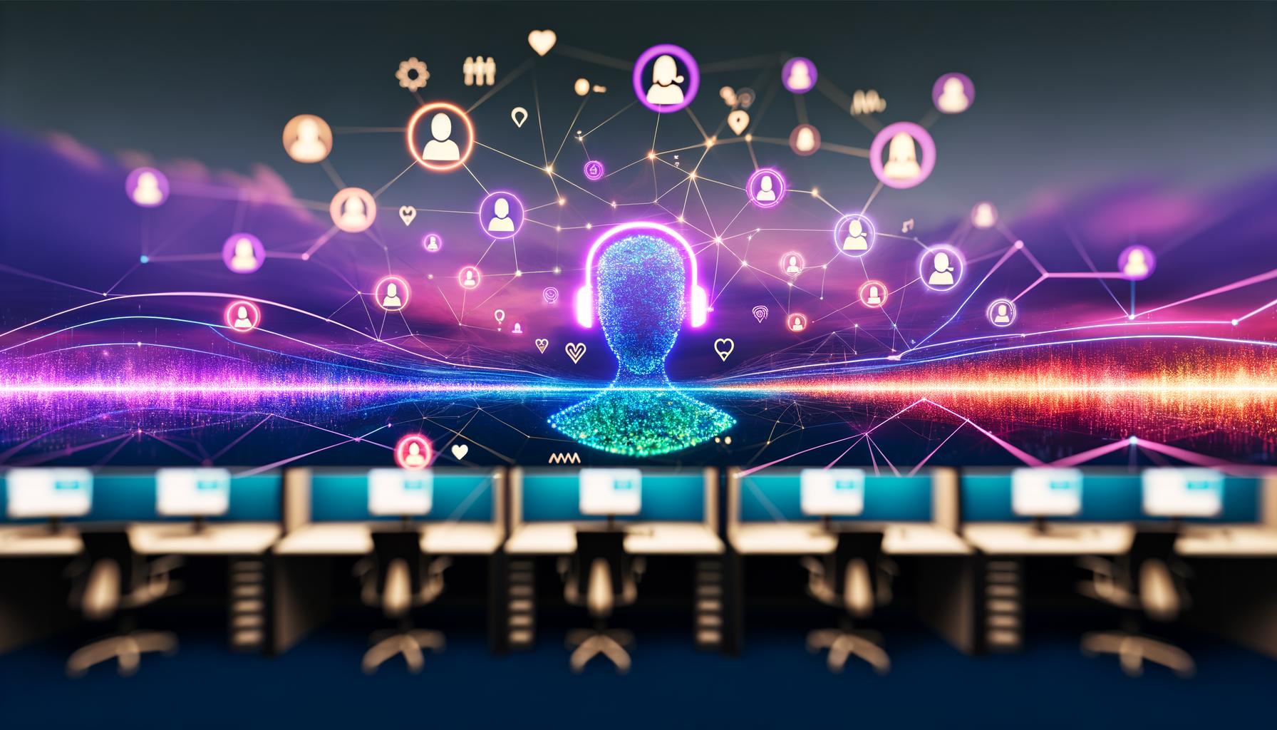 Hypermodernes Contact Center mit futuristischen Arbeitsplätzen, digitalen Dashboards und abstrakten Agenten- und Kunden-Silhouetten, zwischen denen Datenströme durch KI-Elemente, Analyse-Knoten und emotionale sowie verhaltensbasierte Icons visualisiert werden.