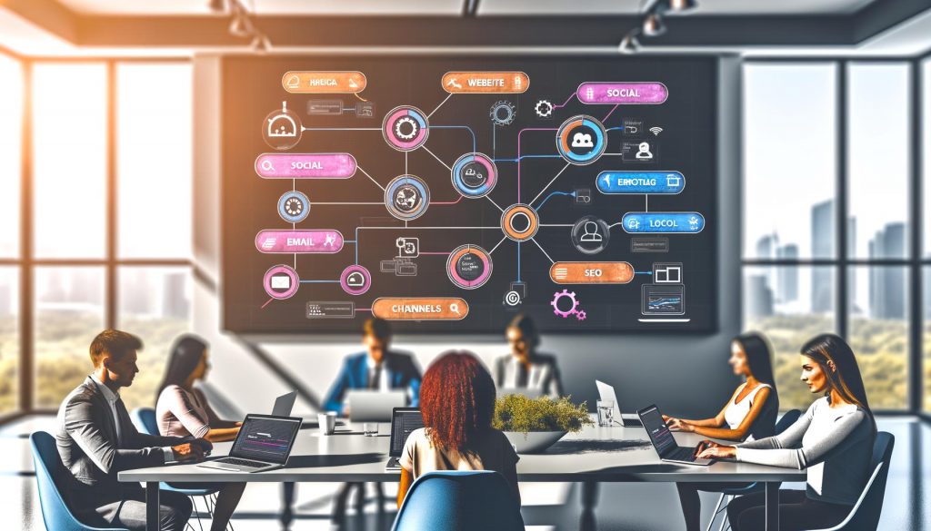 Modernes Marketing-Team brainstormt im lichtdurchfluteten Büro an einem großen Tisch, während ein digitales Dashboard einen bunten, komplexen Content-Workflow mit Kanälen und Performance-Metriken auf einem riesigen Bildschirm zeigt.