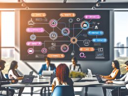 Modernes Marketing-Team brainstormt im lichtdurchfluteten Büro an einem großen Tisch, während ein digitales Dashboard einen bunten, komplexen Content-Workflow mit Kanälen und Performance-Metriken auf einem riesigen Bildschirm zeigt.