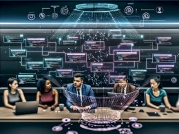 Modernes High-Tech-Büro mit diversen Entwicklern, großen Monitoren voller KI-Code und Flussdiagrammen, dazu ein holografisches Interface mit fortschrittlichen KI-Agenten-Workflows.