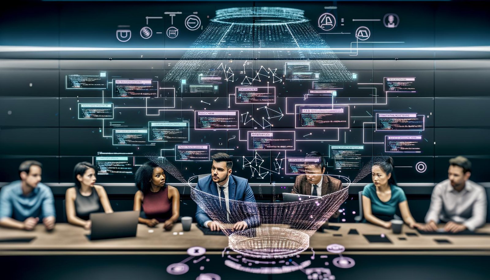 Modernes High-Tech-Büro mit diversen Entwicklern, großen Monitoren voller KI-Code und Flussdiagrammen, dazu ein holografisches Interface mit fortschrittlichen KI-Agenten-Workflows.