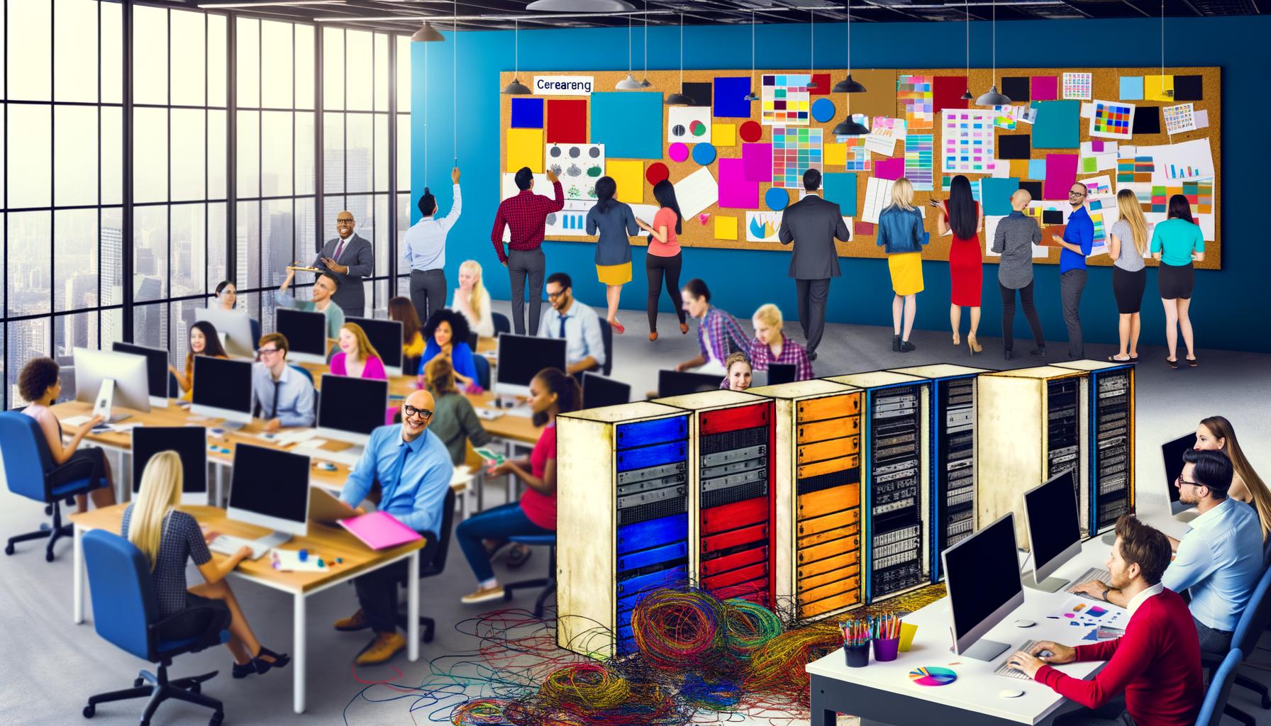 Vielseitige Designer arbeiten in einem belebten, modernen Agentur-Büro, im Vordergrund kreative Kollaboration, im Hintergrund vernachlässigte Server mit Fehlermeldungen.
