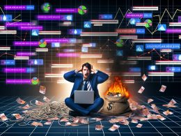 Illustration eines gestressten Marketers, umgeben von chaotischen Dashboards, Kabelsalat und brennendem Werbebudget, mit schwebenden, verschwommenen Analytics- und Ad-Plattform-Symbolen, die technische Überforderung und Verwirrung darstellen.