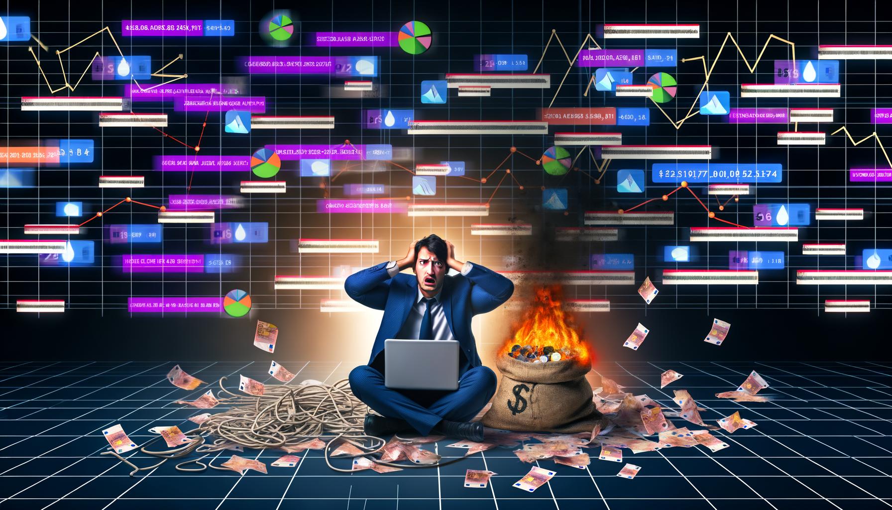 Illustration eines gestressten Marketers, umgeben von chaotischen Dashboards, Kabelsalat und brennendem Werbebudget, mit schwebenden, verschwommenen Analytics- und Ad-Plattform-Symbolen, die technische Überforderung und Verwirrung darstellen.