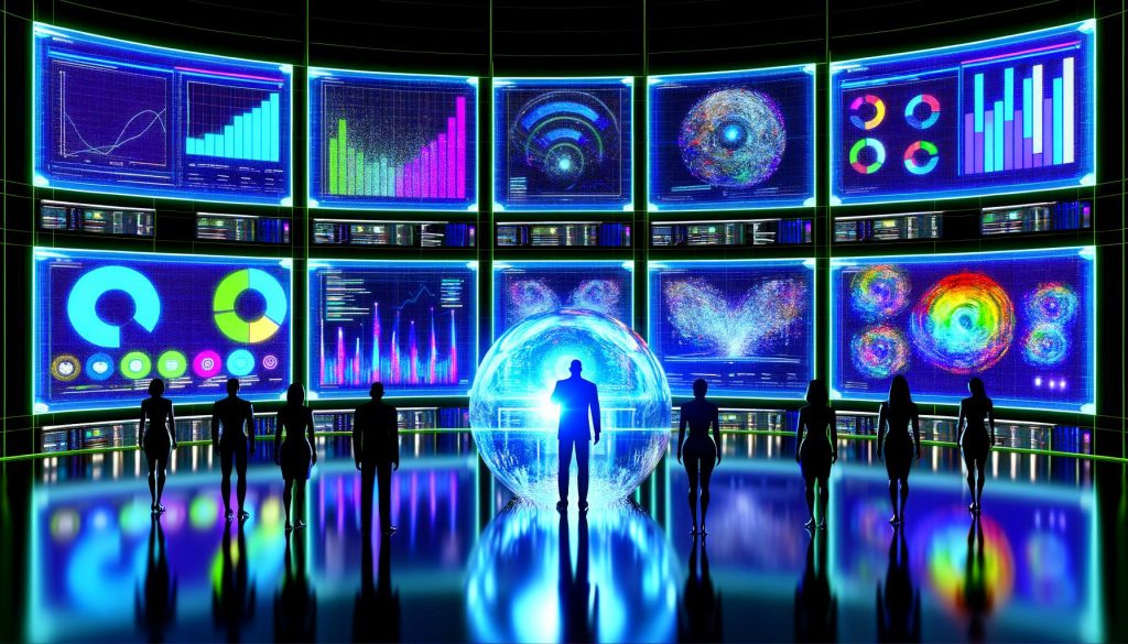 Futuristischer Marketing-Kontrollraum mit Echtzeitdaten, KI-Algorithmen und holografischem Kristallball, umgeben von Marketers an digitalen Dashboards in leuchtendem Neonlicht.