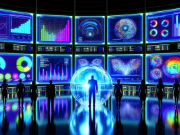 Futuristischer Marketing-Kontrollraum mit Echtzeitdaten, KI-Algorithmen und holografischem Kristallball, umgeben von Marketers an digitalen Dashboards in leuchtendem Neonlicht.