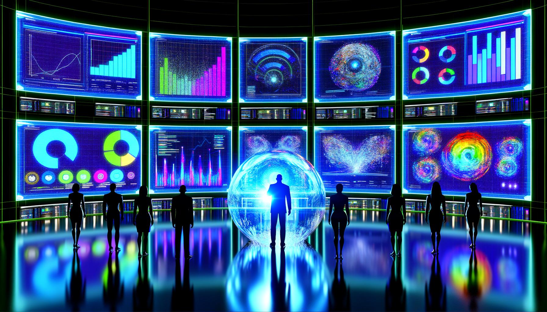 Futuristischer Marketing-Kontrollraum mit Echtzeitdaten, KI-Algorithmen und holografischem Kristallball, umgeben von Marketers an digitalen Dashboards in leuchtendem Neonlicht.