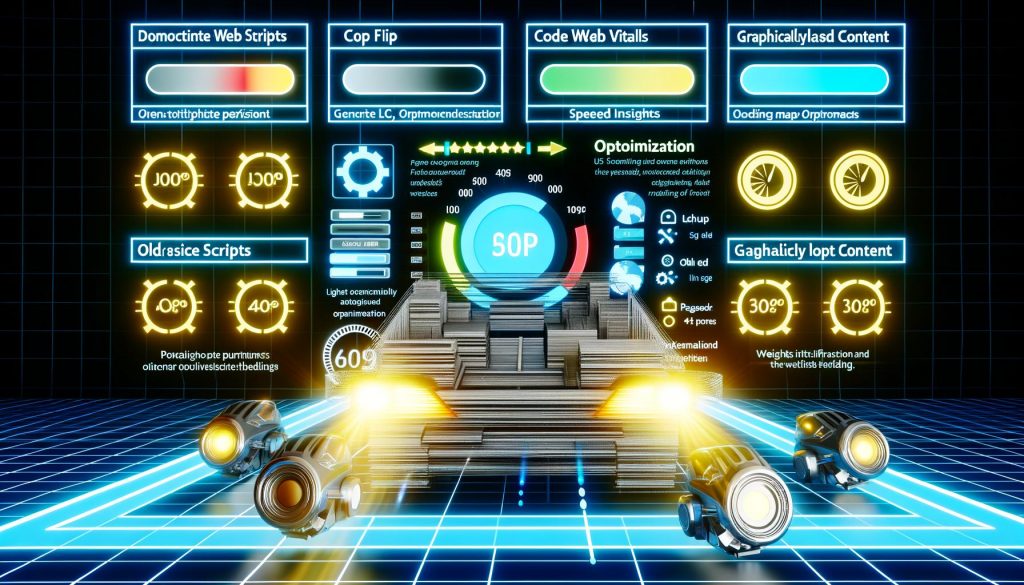 Illustrierte moderne Website mit Core Web Vitals Anzeigen und Optimierungstools wie Lighthouse und PageSpeed Insights; grafisch überladene Inhalte und große Bilder fallen als Ballast ab.