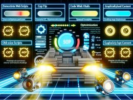 Illustrierte moderne Website mit Core Web Vitals Anzeigen und Optimierungstools wie Lighthouse und PageSpeed Insights; grafisch überladene Inhalte und große Bilder fallen als Ballast ab.