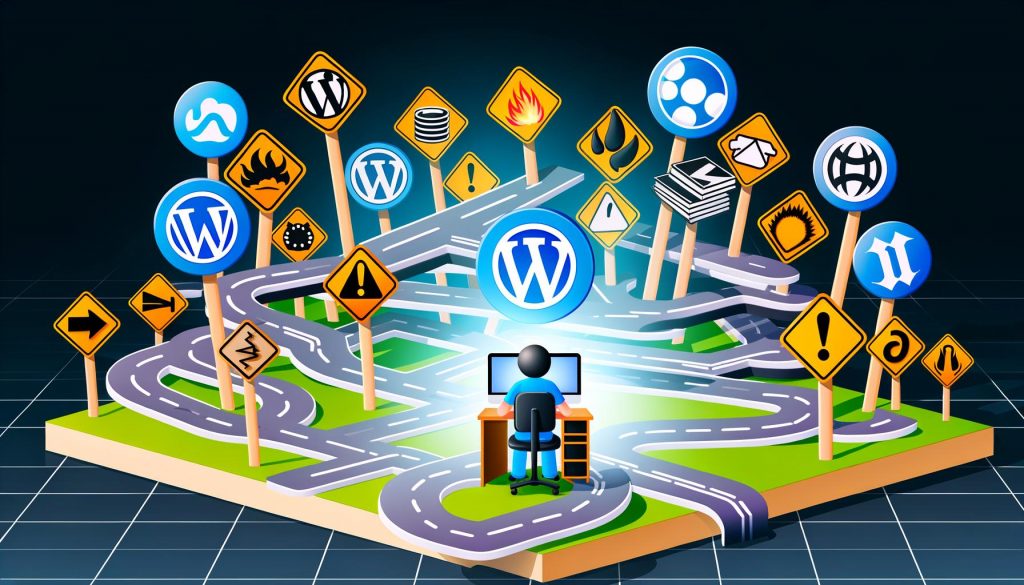 Illustration eines Menschen am Rechner im digitalen CMS-Dschungel mit Icons von WordPress, TYPO3, Drupal, Headless und Shopify vor einer metaphorischen Karte voller Wegweiser und Warnschilder im modernen, tech-futuristischen Stil.