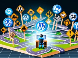 Illustration eines Menschen am Rechner im digitalen CMS-Dschungel mit Icons von WordPress, TYPO3, Drupal, Headless und Shopify vor einer metaphorischen Karte voller Wegweiser und Warnschilder im modernen, tech-futuristischen Stil.